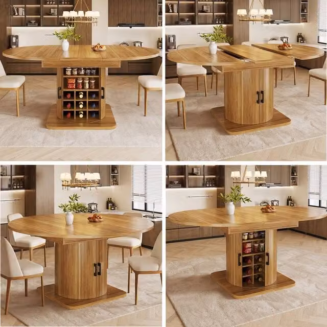BTM Extendable Folding Kitchen Dining Table with Wine Rack Storage, Brown, W/D/H: 118 x 76 x 76 cm – 1