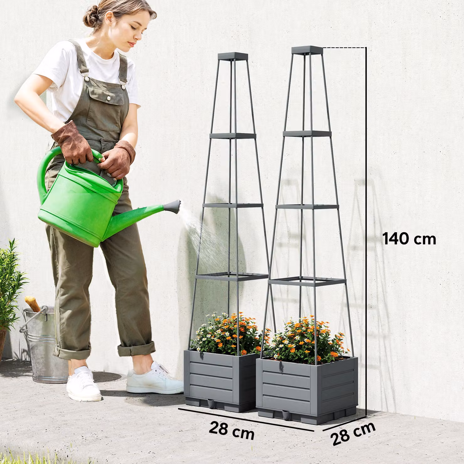 Outsunny 2 Pack Grey Plastic Raised Garden Beds with Trellis and Removable Drainage Trays, W/D/H: 140 x 28 x 40 cm – 2