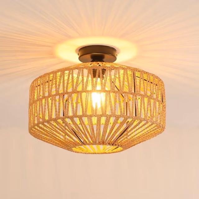 COMELY Vintage Rattan and Iron Pendant Ceiling Light in Brown – 1