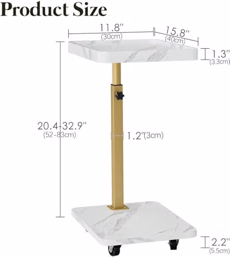 Huhote White C-Shaped Side Table with Height Adjustable Rotating Top and Castors – 2
