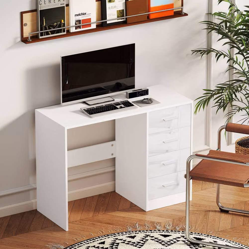 STILVORA Modern Writing Desk with Dual Pedestal and High Gloss White Finish – 3