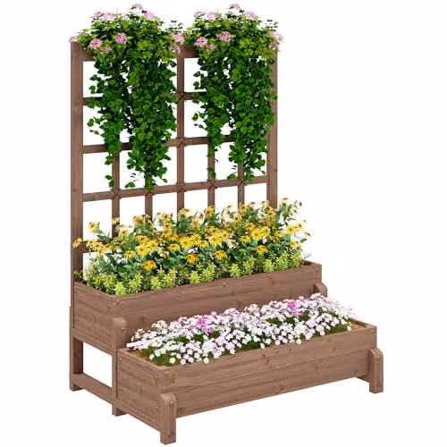 Outsunny 2-Tier Wooden Raised Garden Bed with Trellis, Brown, W/D/H: 121 x 88 x 66 cm