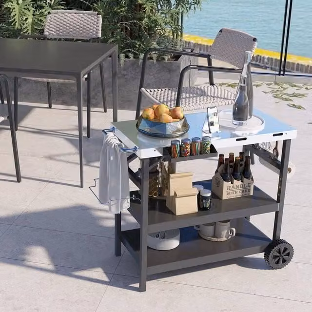 EONLION 3 Tier Folding BBQ Serving Trolley in Black