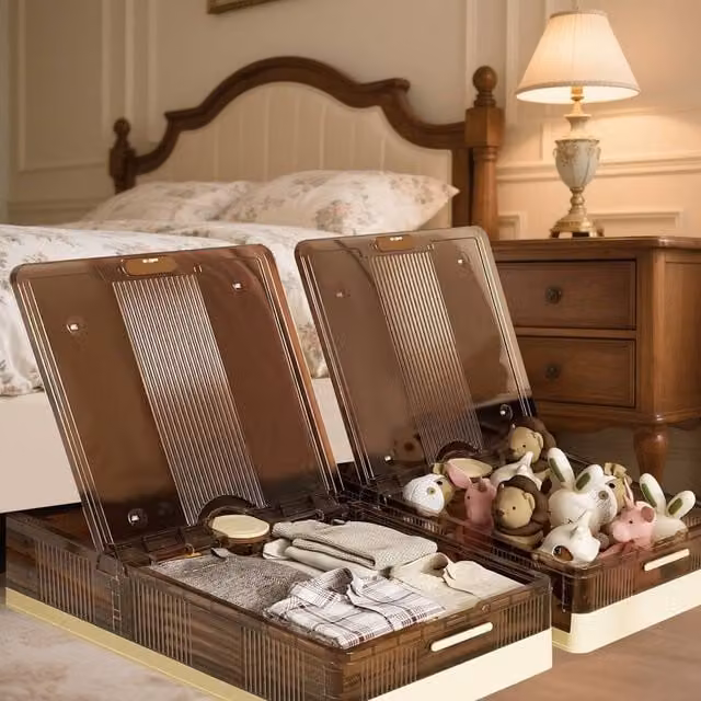 Voltico Foldable Underbed Storage Box with Lid and Wheels, 40L, Brown and Transparent