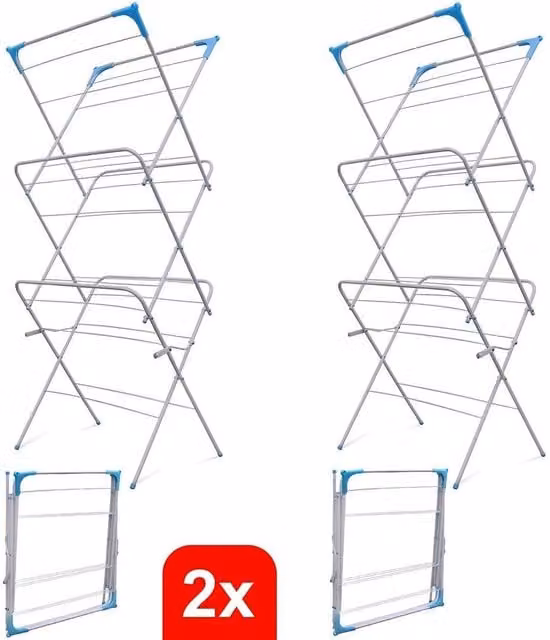 KORVIXA 2 Pack 3 Tier Foldable Metal Clothes Drying Airer Rack in White, 100 cm