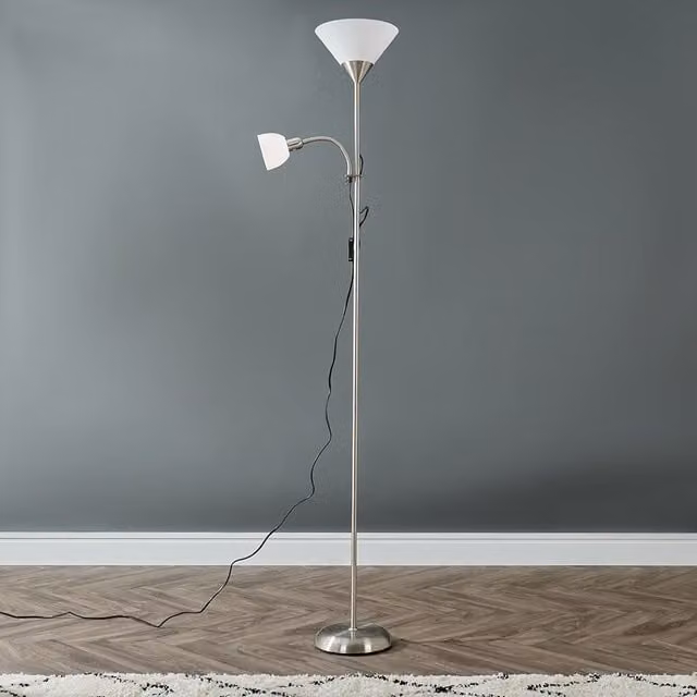 ValueLights Moz Mother and Child Uplighter Floor Lamp in Silver with Adjustable Side Lamp