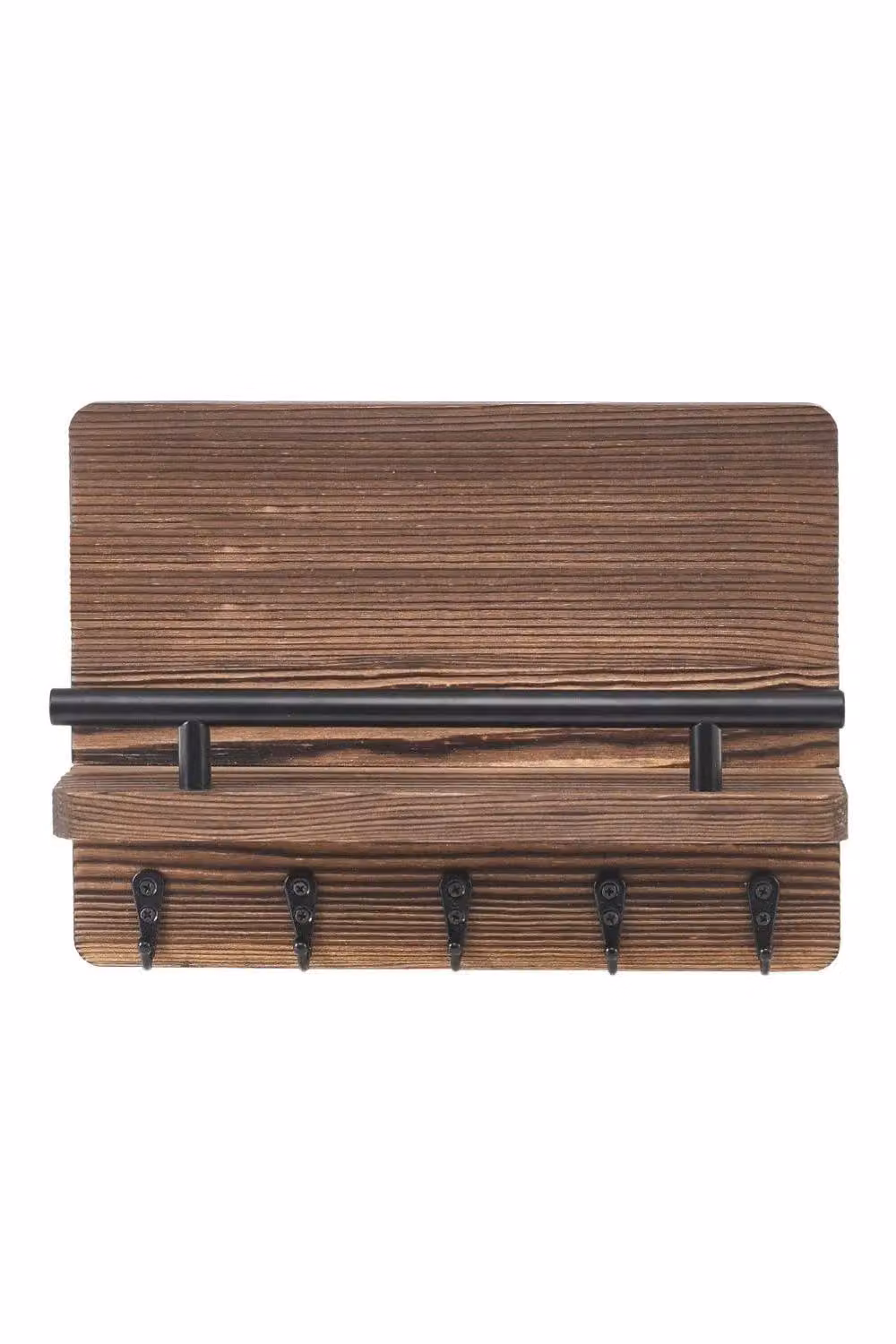 H&O Direct Rustic Brown Wood Floating Shelf with 5 Metal Hooks for Hallway Key Display – 2