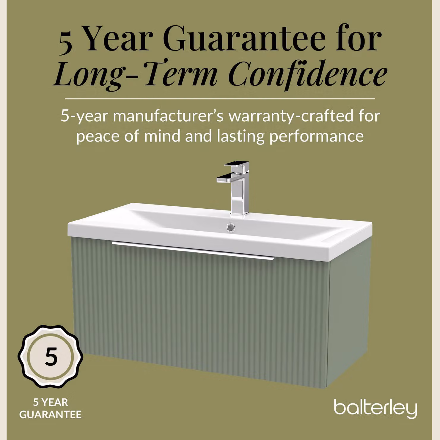 Balterley Fluted Wall Hung 1 Drawer Vanity Basin Unit and Basin, Satin Green, Width: 80 cm – 4