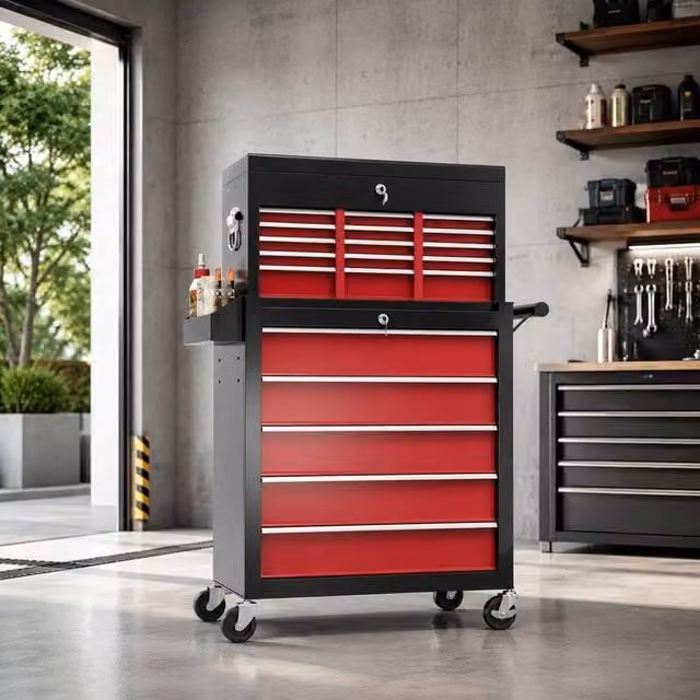 STILVORA Steel Tool Storage Chest with 14 Lockable Drawers and Wheels, Red, H 76 cm x W 60 cm x D 75 cm