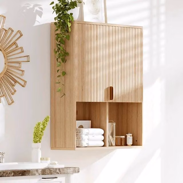 VOGREX Wood Bathroom Wall Cabinet with Adjustable Internal Shelves and Hinged Doors in Brown, W/D/H: 75.5 x 21.0 x 60.0 cm