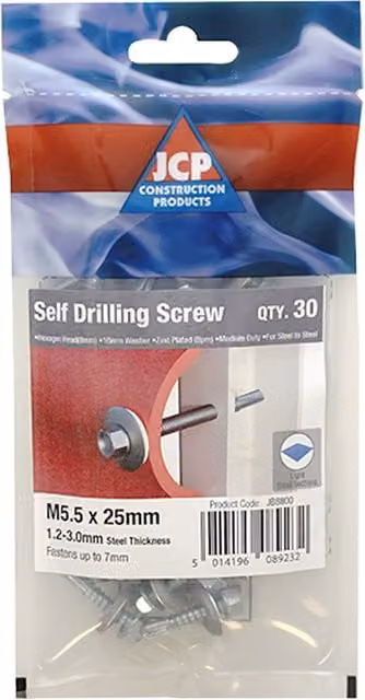 JCP Fixings Metalfix Self-Drilling Screws, Grey, 5.5 x 50 mm