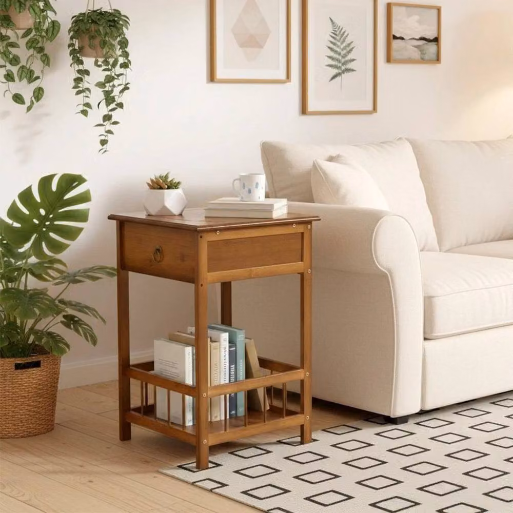 KORVIXA Small Bamboo Bedside Drawer Cabinet End Table in Brown – 4