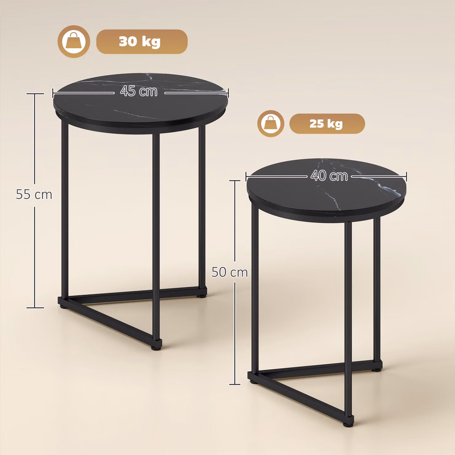HOMCOM Set of Two Modern Round Nest of Tables with Black Marble Effect Tops – 3