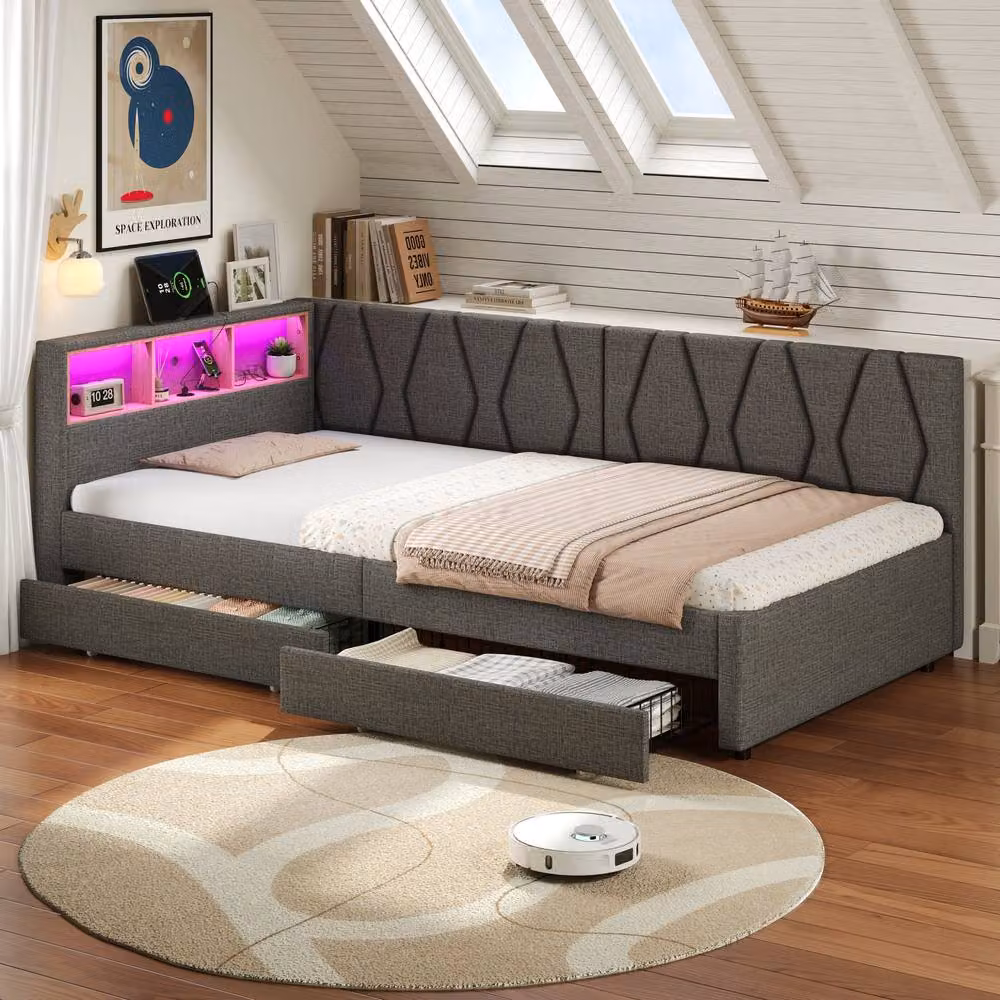 ModernLuxe Single Daybed in Grey with LED L-shaped Storage Headboard, 2 Drawers and USB Charging Port, W/D/H: 190 x 90 x 97 cm – 2