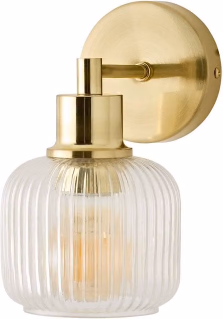 ValueLights Calpe Ribbed Glass Cylinder Wall Light in Gold and Transparent Glass