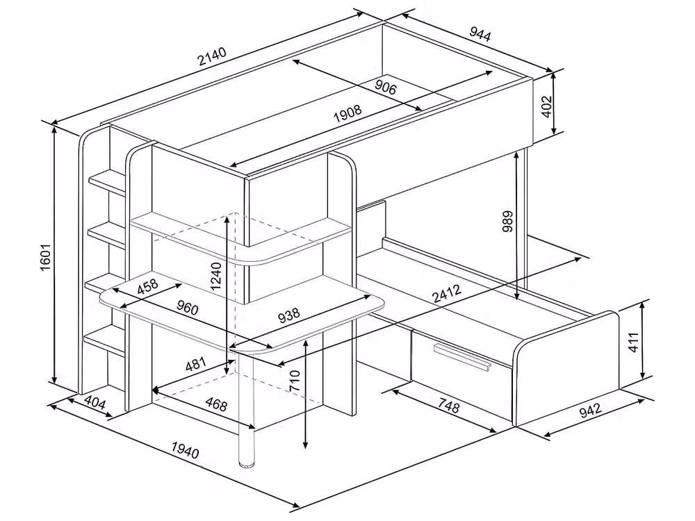 Vente-unique Corner Bunk Beds with Desk and Stairs, Grey, White and Black, W/D/H: 190 x 90 x 160.1 cm – 3