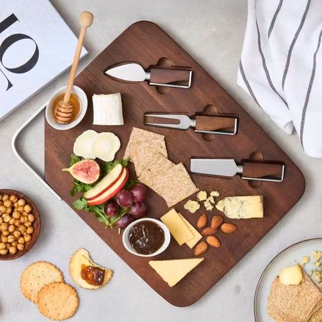 Surlatable Rectangular Solid Wood and Stainless Steel Cheeseboard Set in Brown