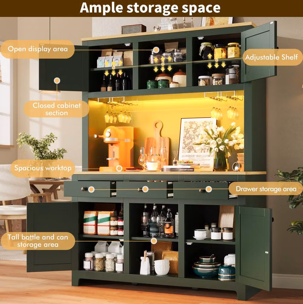 STILVORA Vintage Tall Storage Cabinet in Green with Rattan Details, Integrated Lighting and Drawers – 5