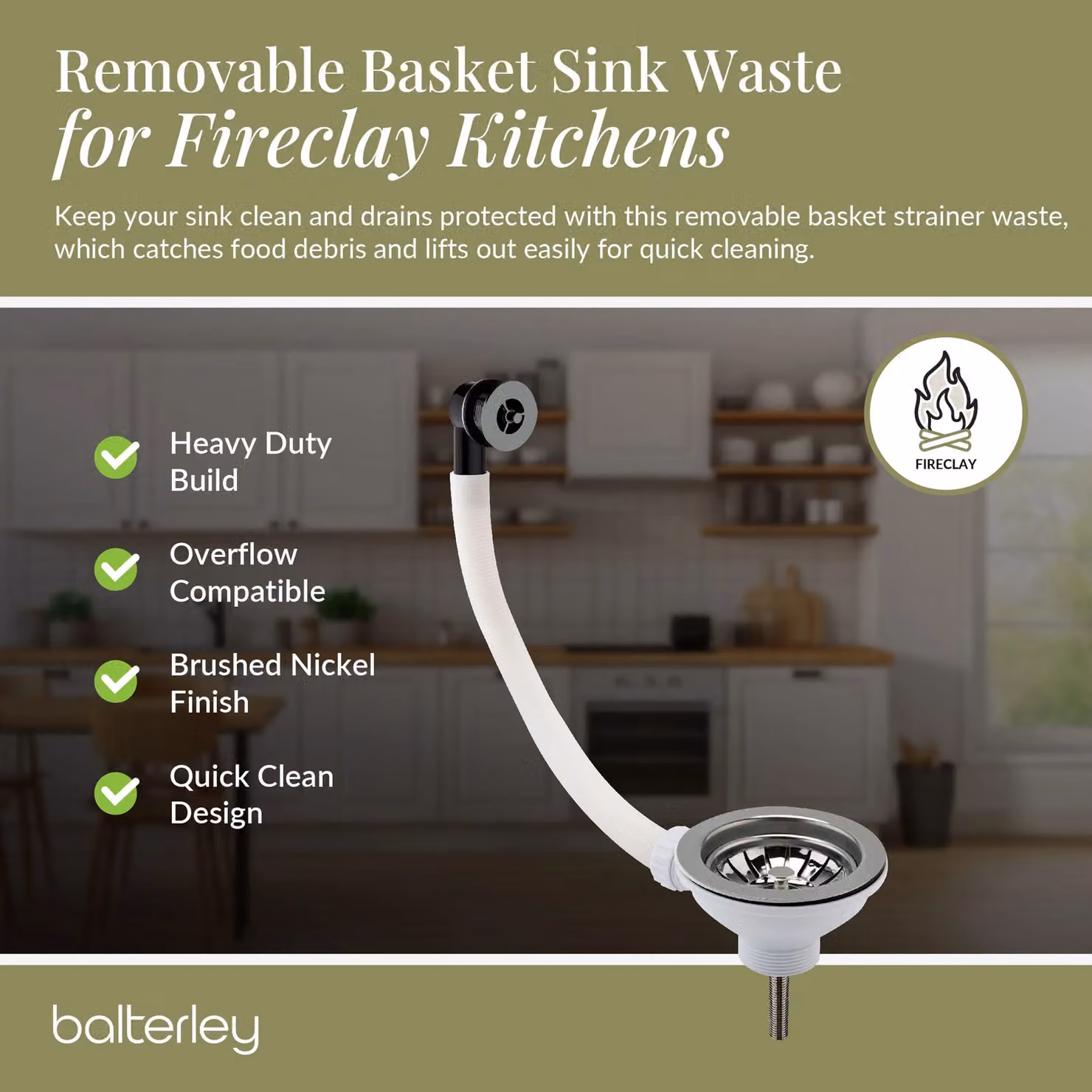 Balterley Kitchen Sink Waste Kit with Basket Strainer and Round Overflow in Silver Stainless Steel, W/D/H: 11.5 x 11.5 x 6.3 cm – 3