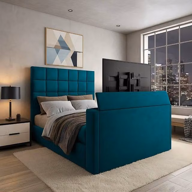 Paradise Beds Ltd Royal Upholstered Dream Sleep TV Bed with Ottoman Lift Storage in Petrol Velvet, W/D/H: 120 x 200 cm