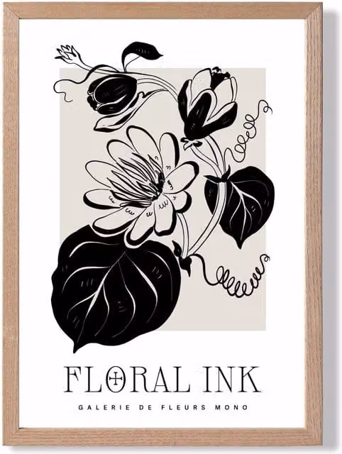 ARTZE Tropical Flowers Black and Beige Floral Ink Sketch Framed Print with Oak Frame, A2 – 1