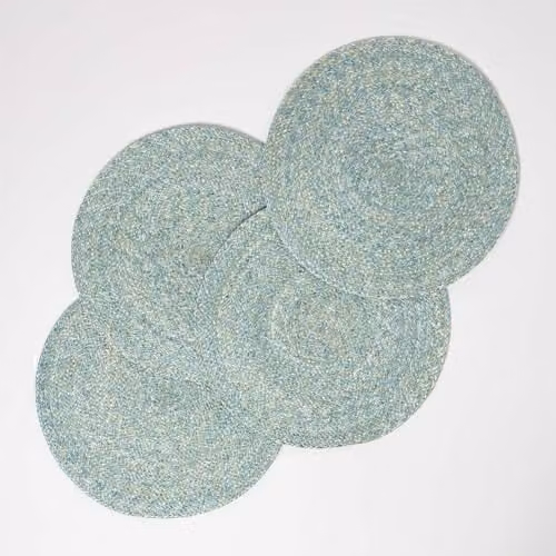 Homescapes Set of 4 Handwoven Round Placemats in Green and Blue, Diameter: 40 cm