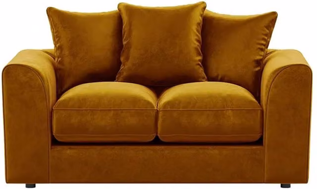 Furnishings For Less UK Brooklyn 2 Seater Sofa in Gold Plush Velvet Fabric with Scatter Cushions – 1