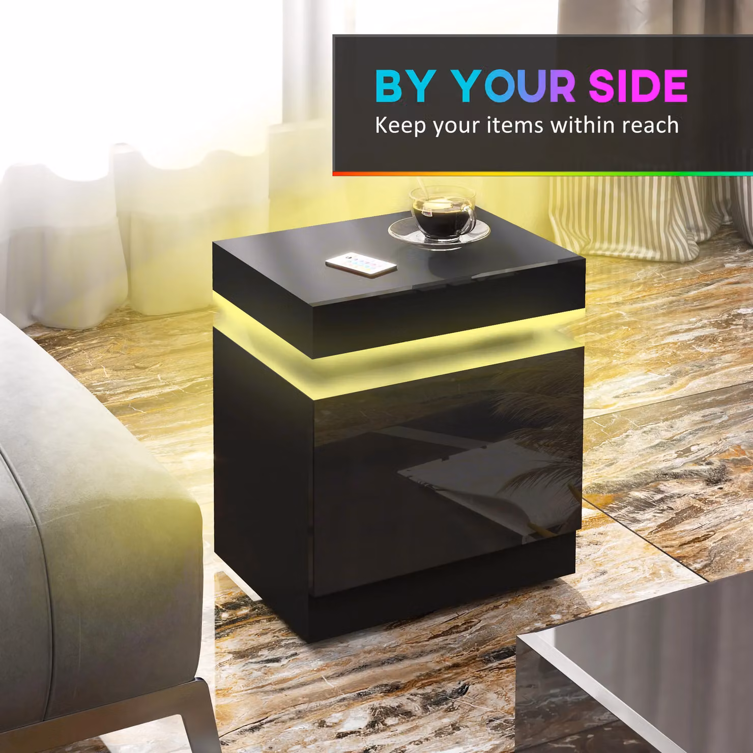 HOMCOM High Gloss Bedside Table with Integrated LED Light and 2 Drawers in Black – 5