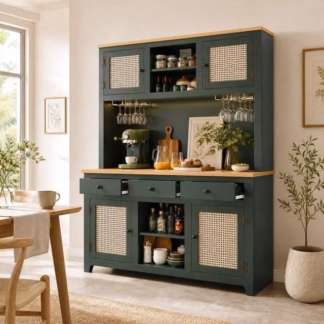 STILVORA Vintage Tall Storage Cabinet in Green with Rattan Details, Integrated Lighting and Drawers – 1