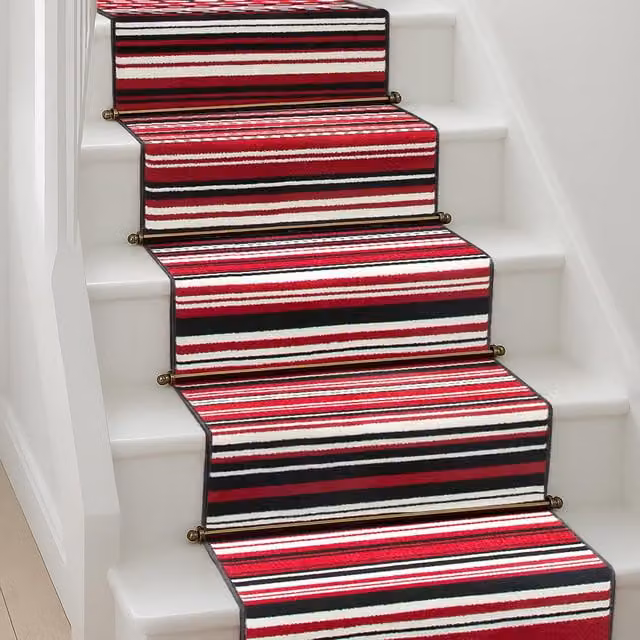 Bravich LTD Two Tone Striped Hallway Runner Rug in Red, Non Slip Low Pile, W: 60 cm, L: 720 cm