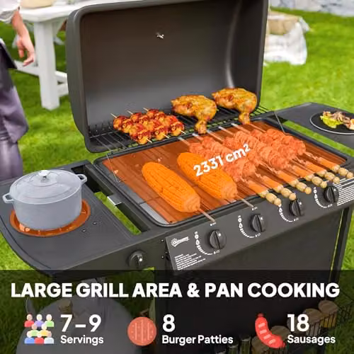 Outsunny 4+1 Burner Propane Gas BBQ Grill with Built-in Thermometer, Side Burner, Warming Rack and Wheels, Black – 3