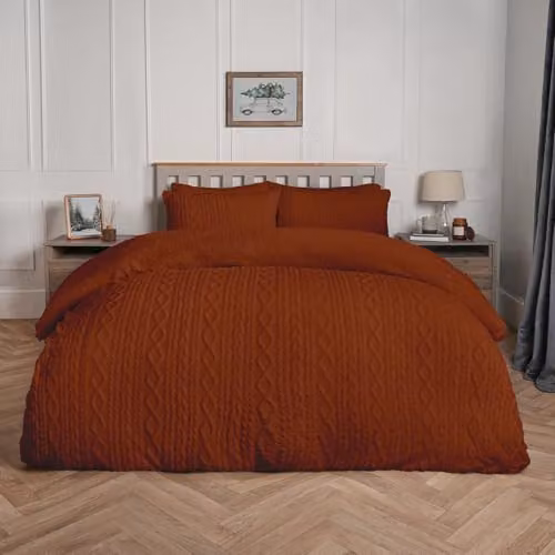 OHS Reversible Cable Knit Fleece Duvet Cover and Pillowcase Set, Orange, W/D/H: 220 x 230 x 180 cm, Pillowcases: 48 x 74 cm
