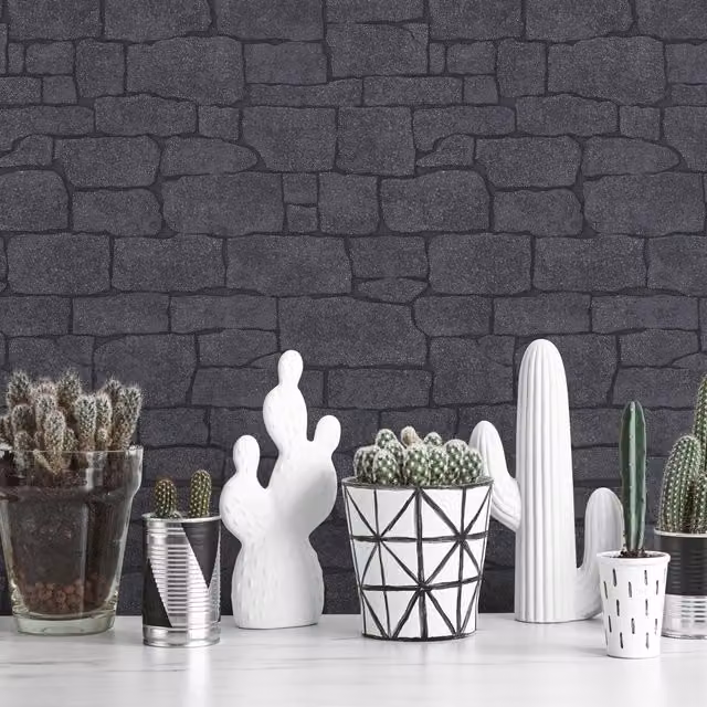 Erismann Imitations 2 Glitter Brick Geometric Vinyl Wallpaper in Charcoal Black and Anthracite