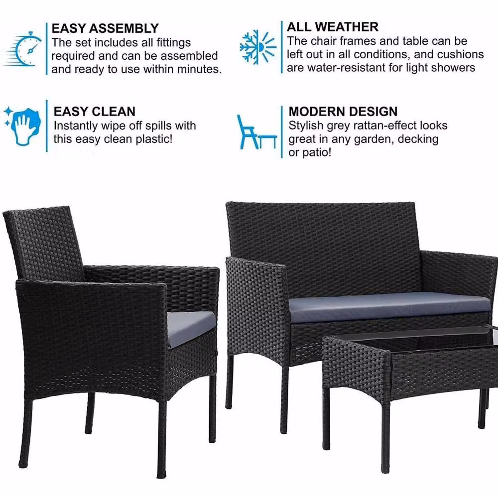 EONLION 4-Piece Black Polyrattan Outdoor Garden Furniture Set with 2-Seater Sofa, Coffee Table and Cushions – 5