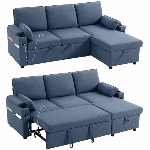HOMCOM L-Shaped 3 Seater Corner Sofa Bed in Blue with Reversible Storage Chaise and USB Charging, W/D/H: 205.0 x 136.5 x 85.0 cm