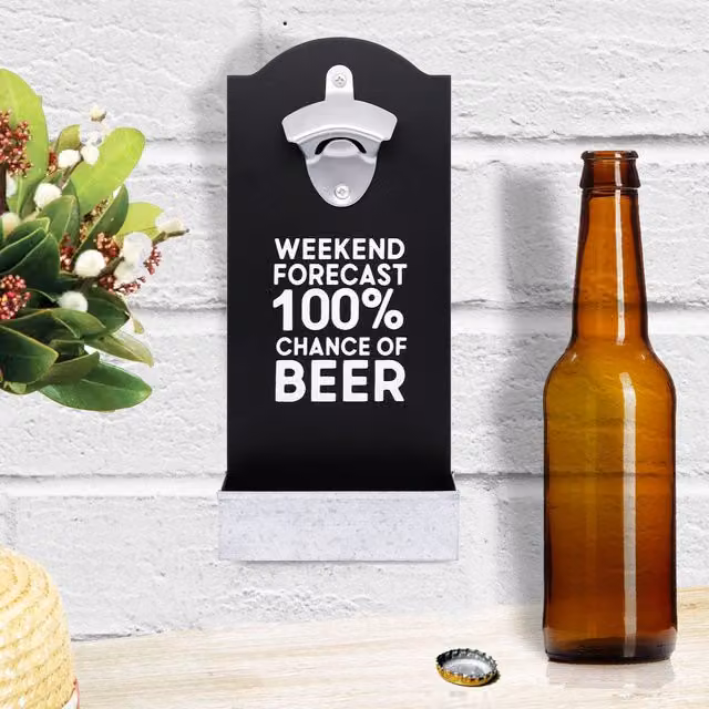 Maison Des Cadeaux Weekend Forecast Wall Mounted Wood and Metal Bottle Opener with Cap Catcher in Black and Brown