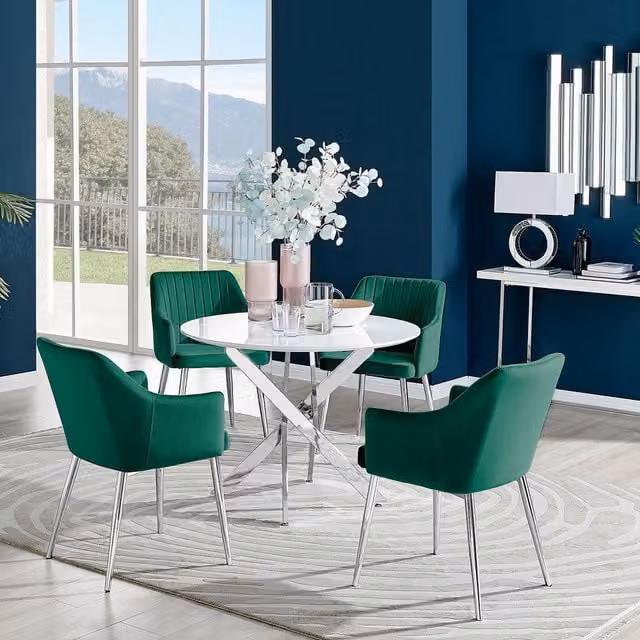 FurnitureboxUK Novara White High Gloss Round Glass Dining Table with 4 Green Velvet Calla Chairs and Silver Legs