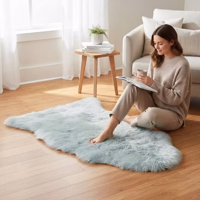 Infinity Leather Single Sheepskin Wool Rug in Duck Egg Blue, W/D: 90 x 60 cm – 1
