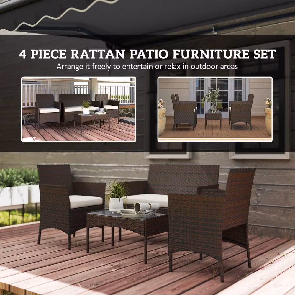 OUTSUNNY 4 Piece Brown Rattan Garden Furniture Sofa Set with Cushions – 4