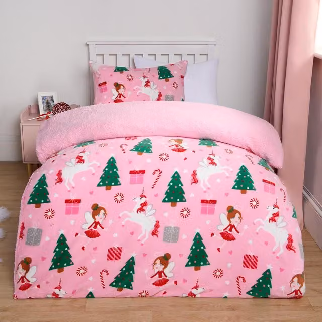 OHS Christmas Unicorn Sherpa Reversible Duvet Set for Children in Pink
