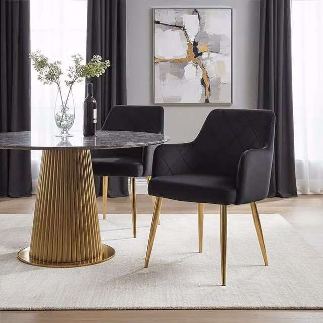 Orsina Tamzin Modern Velvet Angular Dining Chair with Armrests in Black and Gold