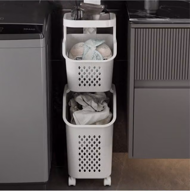 H&O Direct 2-Tier Plastic Laundry Basket Storage Rack with Casters, White – 1