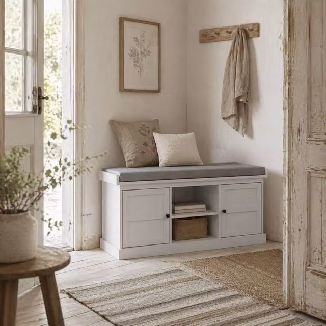Wyld Haus Lire White Wooden Shoe Bench with Grey Fabric Cushioned Top, W: 105 cm, D: 35 cm, H: 47 cm – 1