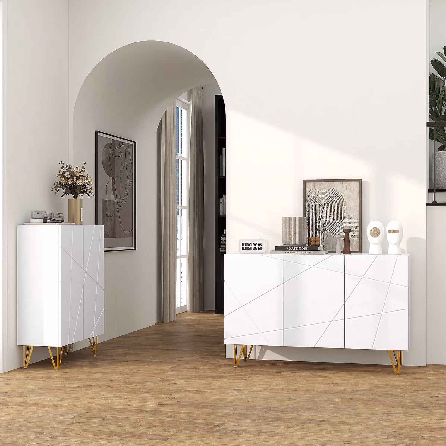 HOMCOM White High Gloss Storage Cabinet with Adjustable Shelves and Gold Tone Hairpin Legs – 6