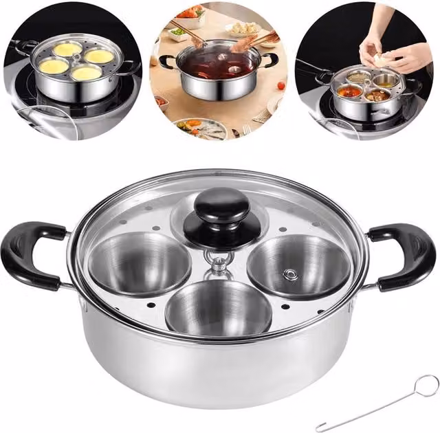 Ventryn Egg Poacher Steamer Pot with 4 Bowls and Glass Lid in Silver