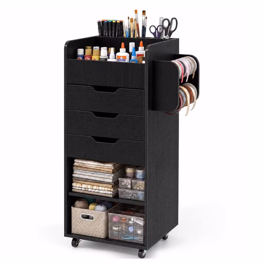 Costway Rolling Storage Cart Mobile Cabinet with 3 Drawers in Black – 4