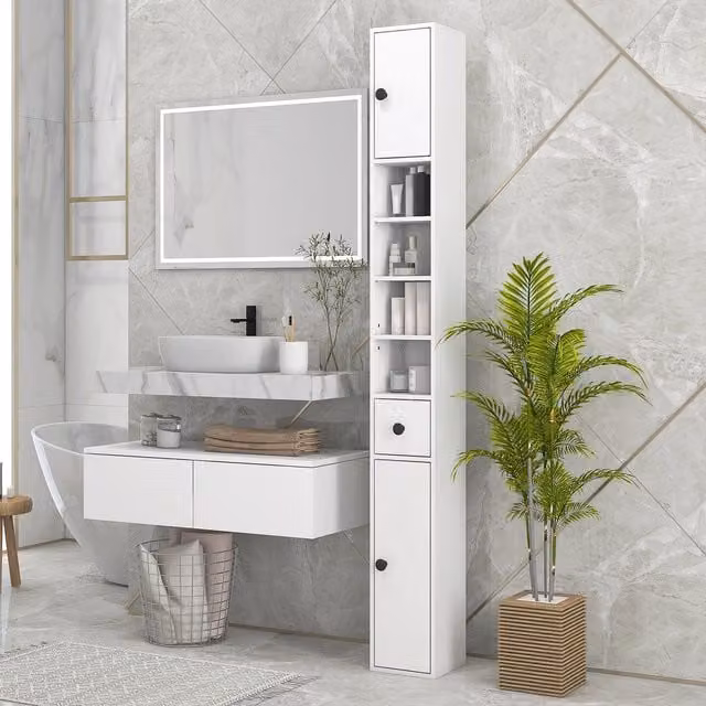 Kleankin Tall Slim White Bathroom Cabinet with Doors, Drawers and LED Lighting, H 180 cm x W 20 cm x D 20 cm