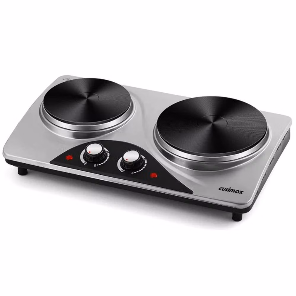 Cusimax Powerful Electric Double Hot Plate with Temperature Controls in Silver Stainless Steel – 2