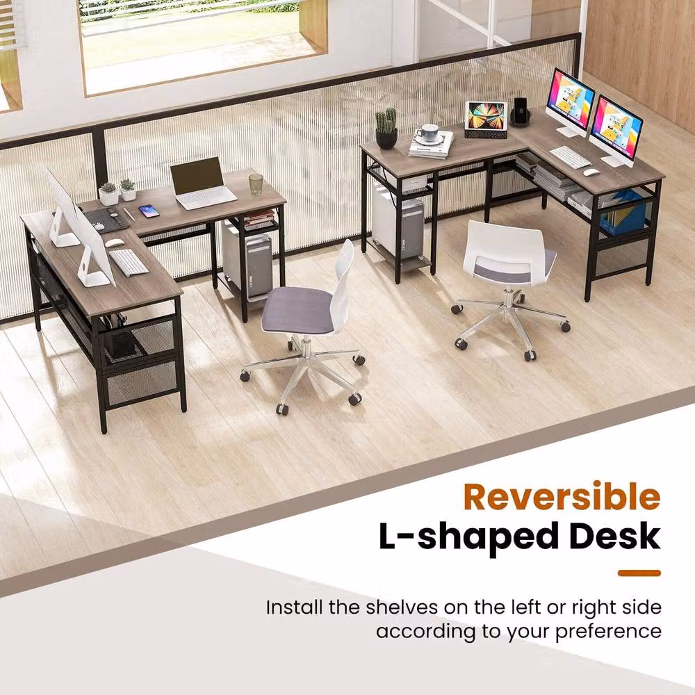 Costway L-Shaped Reversible Corner Computer Desk with Mesh Storage in Grey – 6