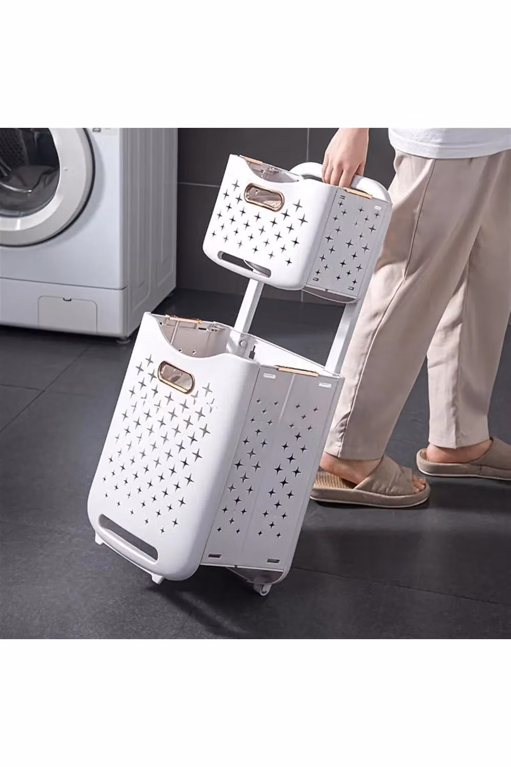 H&O Direct 2-Tier Collapsible Laundry Baskets with Wheels, White – 2